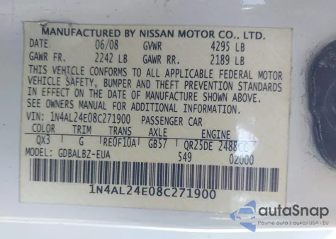 2008 Nissan Altima 2.5 S z USA, uszkodzony, nr VIN 1N4AL24E08C271900